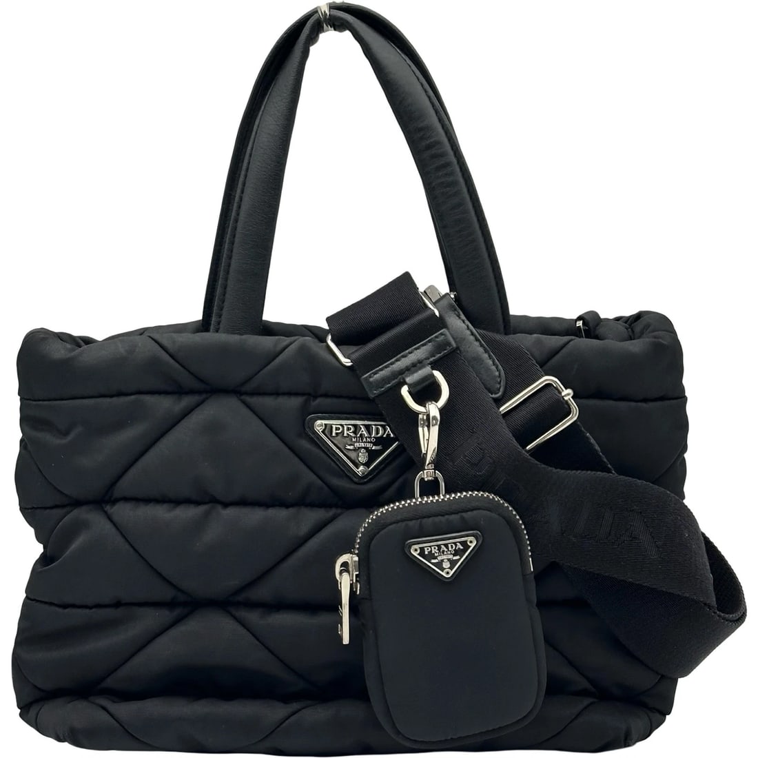 PRADA MEDIUM PADDED RE-NYLON SHOULDER BAG: PRADA Medium Padded Re-Nylon Shoulder Bag Brand: PRADA Type/Style: Shoulder Bag Material: Nylon Color: black Size: W11.4 x H7.5x D4.5inch Shoulder:34.4inch Accessories: None Accessories No
