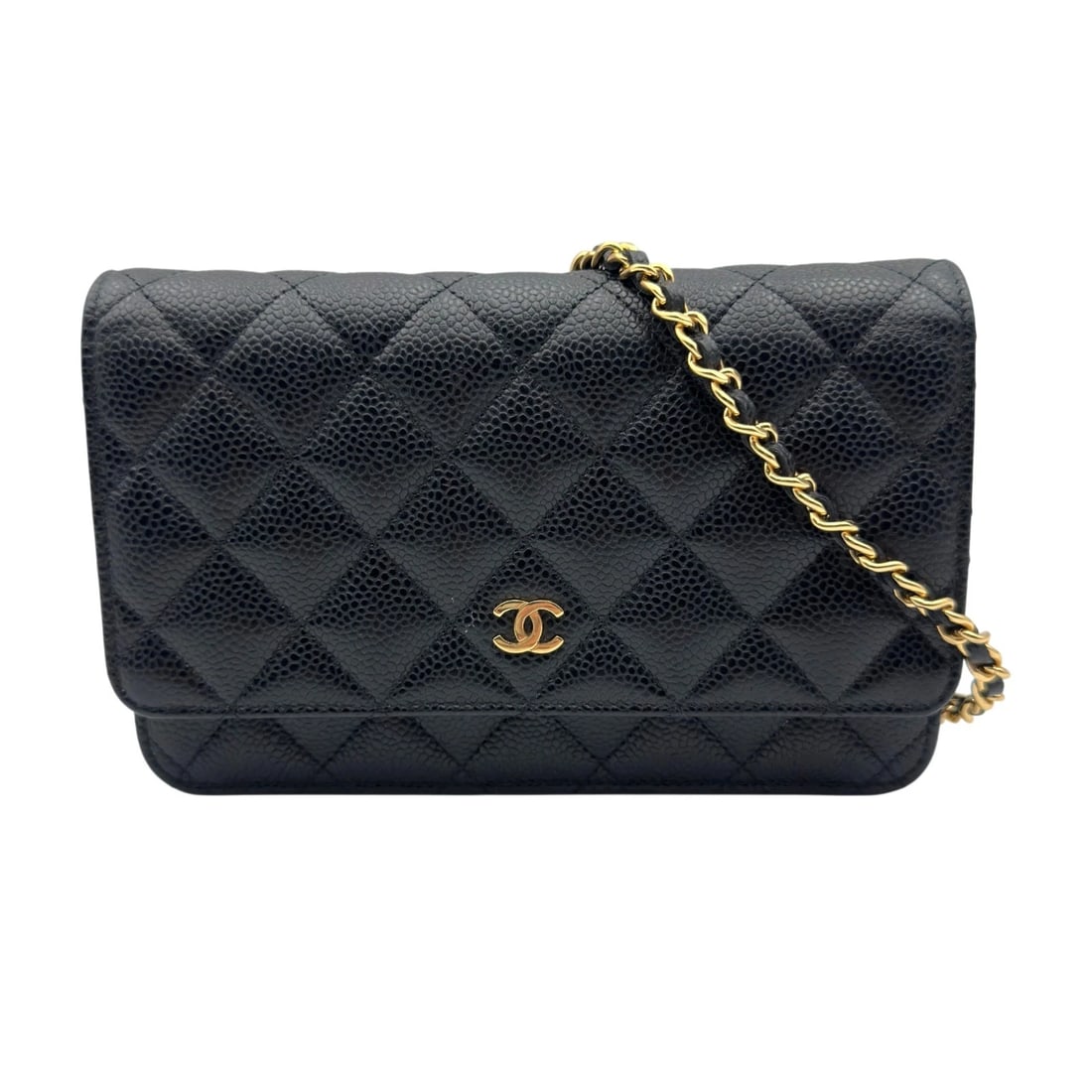 CHANEL MATRASSE CHAIN WALLET SHOULDER BAG: CHANEL Matrasse Chain Wallet Shoulder Bag Brand: CHANEL Type/Style: Shoulder Bag Material: Caviar skin Color: Black Gold Hardware Size: W7.5 x H4.9x D1.2inch Shoulder:58.5inch Accessories: None