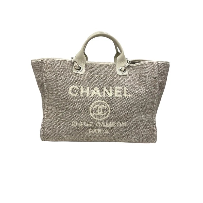 CHANEL DEAUVILLE HANDBAG: CHANEL Deauville Handbag Brand: CHANEL Type/Style: Handbag Material: wool Color: Beige Silver Hardware Size: W15.0 x H11.0x D7.9inch Accessories: None Accessories Notice: When purchasing pre-owned