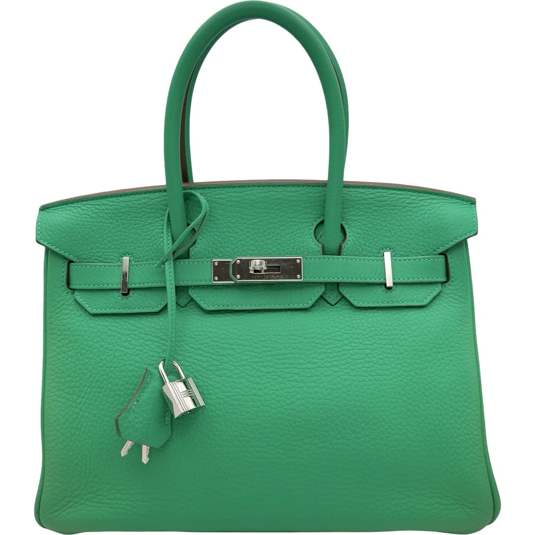 HERMES BIRKIN HANDBAG: HERMES Birkin Handbag Brand: HERMES Type/Style: Handbag Material: Taurillon Clemence Color: Mintha Silver Hardware Size: W11.8 x H8.7x D6.3inch Accessories: None Accessories Notice: When purchasing