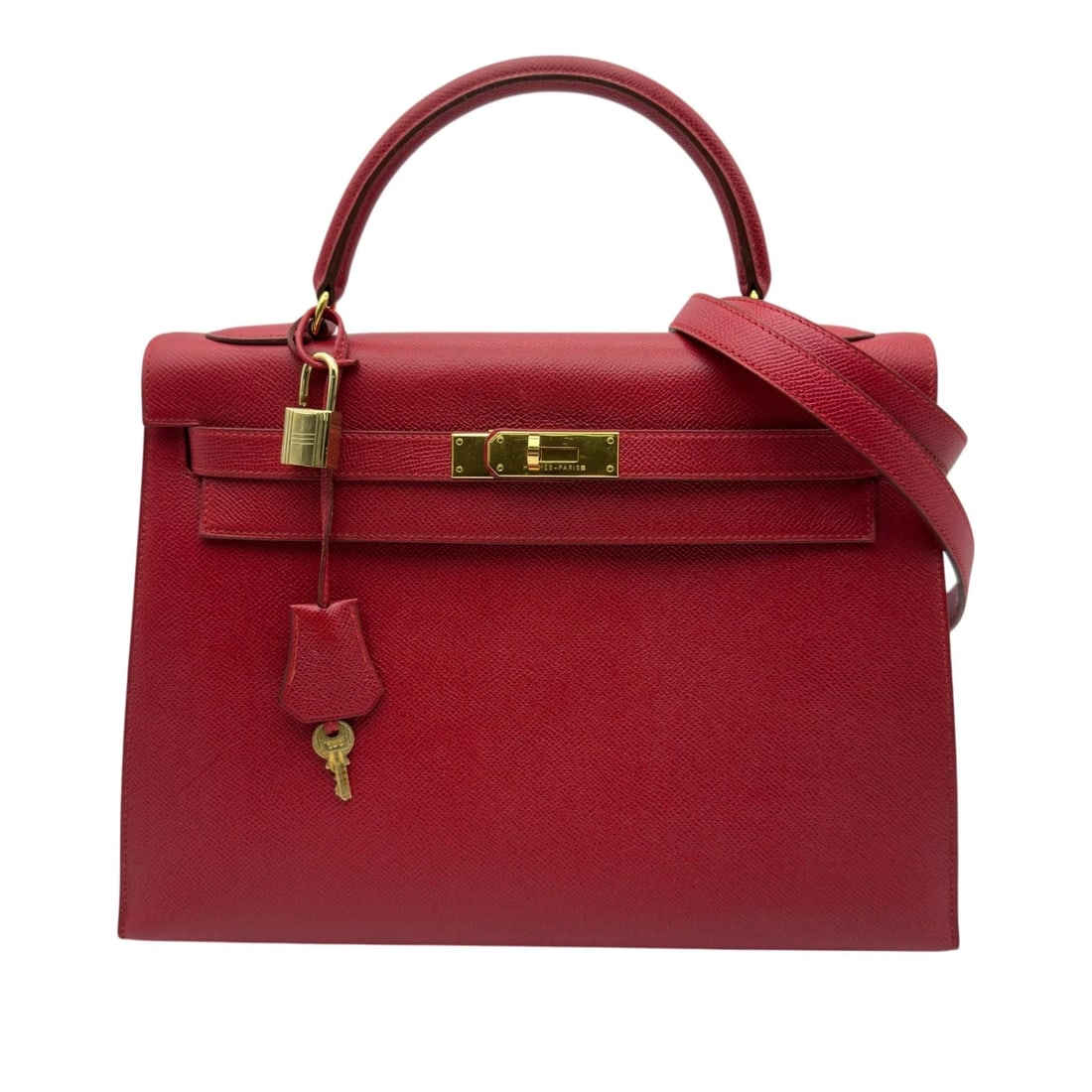 HERMES KELLY SHOULDER BAG: HERMES Kelly Shoulder Bag Brand: HERMES Type/Style: Shoulder Bag Material: Courchevel Color: Red gold hardware Size: W12.2 x H8.7x D3.9inch Shoulder:35.4inch Accessories: None Accessories Notice:
