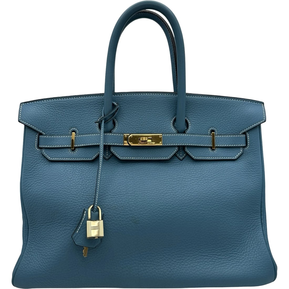 HERMES BIRKIN HANDBAG: HERMES Birkin Handbag Brand: HERMES Type/Style: Handbag Material: Taurillon Clemence Color: Blue Jean Gold Hardware Size: W13.8 x H9.8x D6.9inch Accessories: None Accessories Notice: When purchasing