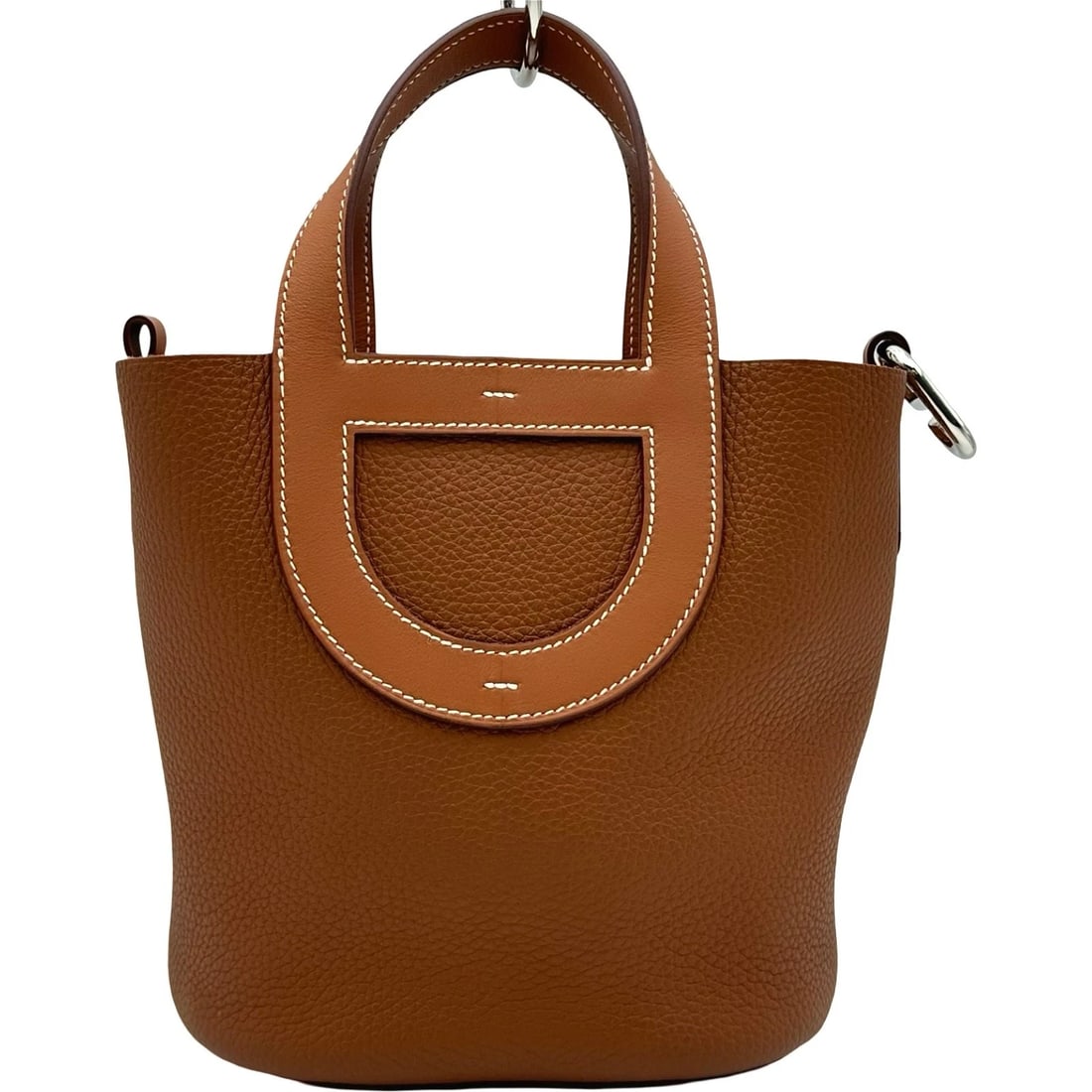 HERMES IN THE LOOP HANDBAG: HERMES in the loop Handbag Brand: HERMES Type/Style: Handbag Material: Taurillon Clemence / Swift Color: Gold SilverHardware Size: W7.1 x H7.7x D4.7inch Accessories: None Accessories Notice: When