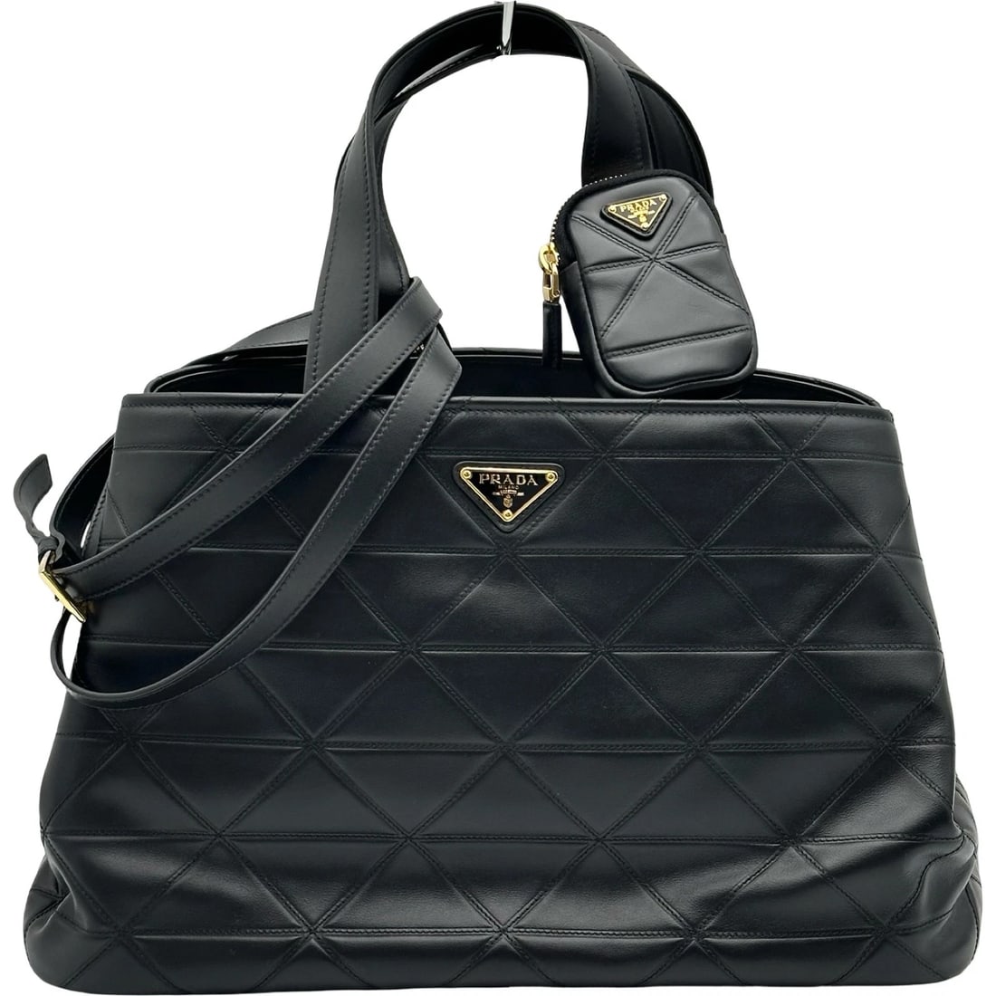 PRADA QUILTED LEATHER TOTE BAG: PRADA Quilted leather Tote Bag Brand: PRADA Type/Style: Tote Bag Material: leather Color: black Size: W15.0 x H9.8x D7.1inch Shoulder:44.3inch Accessories: None Accessories Notice: When pu