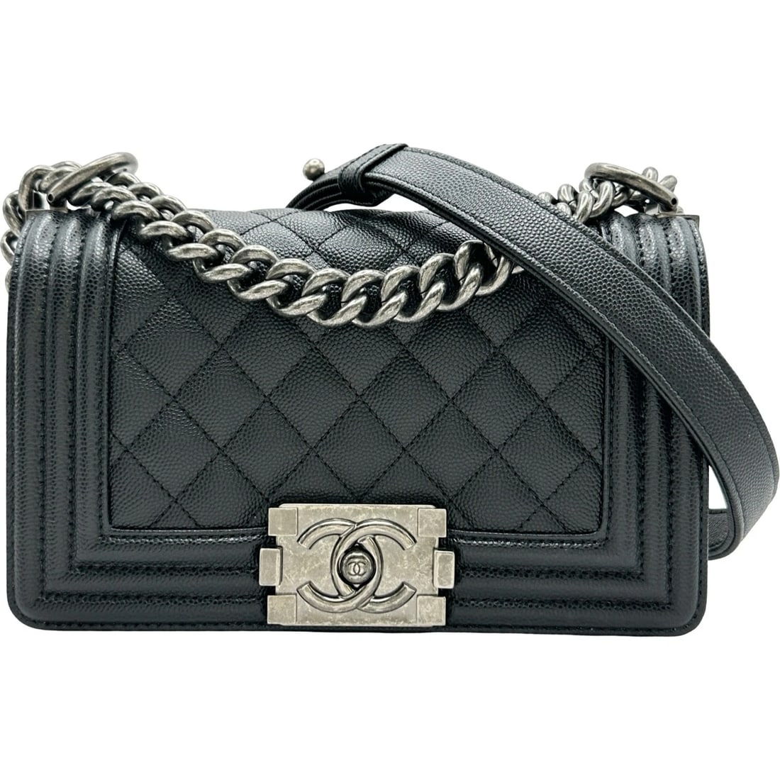 CHANEL BOY CHANEL SHOULDER BAG: CHANEL boy chanel Shoulder Bag Brand: CHANEL Type/Style: Shoulder Bag Material: Caviar skin Color: SilverHardware Size: W7.9 x H4.7x D2.8inch Shoulder:23.6inch Accessories: None Accessorie