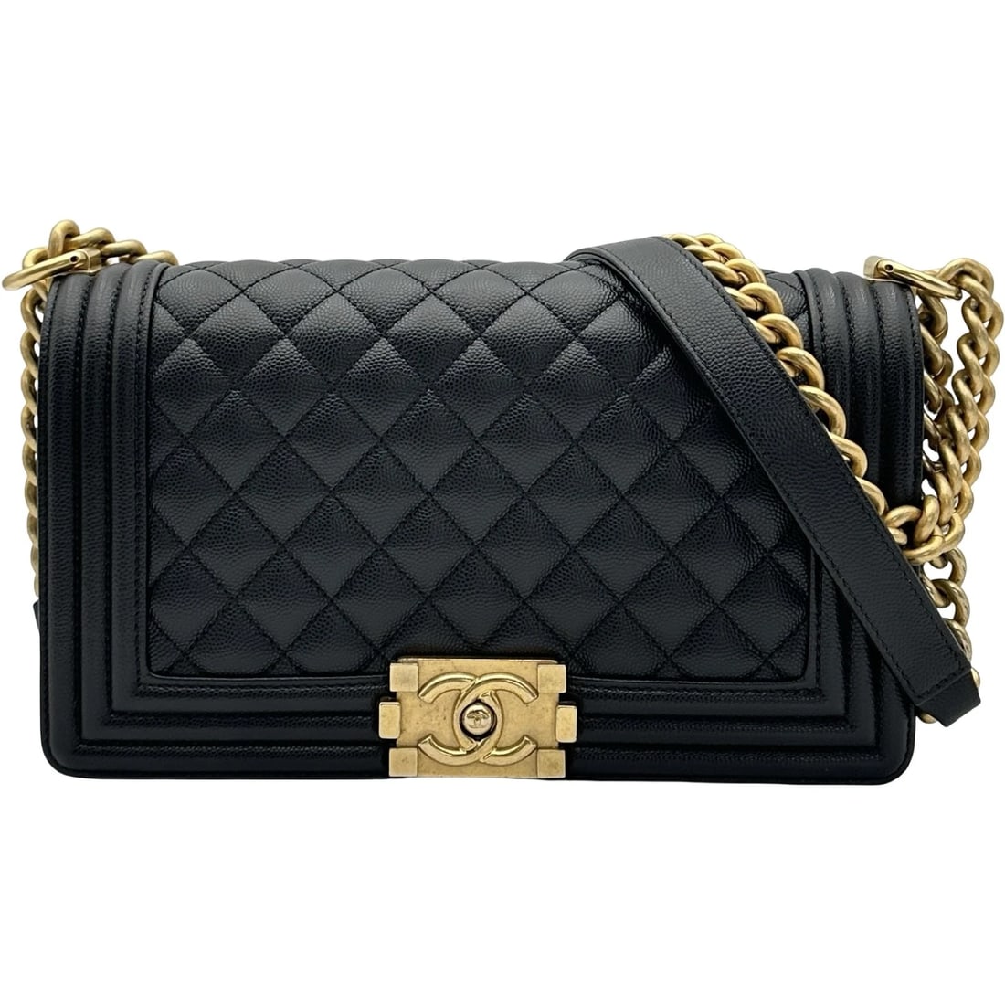 CHANEL BOY CHANEL SHOULDER BAG: CHANEL Boy chanel Shoulder Bag Brand: CHANEL Type/Style: Shoulder Bag Material: Caviar skin Color: Black Gold Hardware Size: W9.8 x H5.9x D2.4inch Shoulder:24.2inch Accessories: None Acces