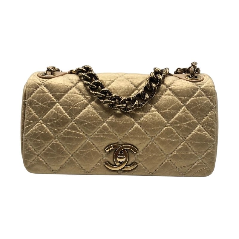 CHANEL PARIS RIBBON BAY FLAP SHOULDER BAG: CHANEL Paris Ribbon Bay Flap Shoulder Bag Brand: CHANEL Type/Style: Shoulder Bag Material: Aged Calfskin Color: Bronze GoldHardware Size: W6.7 x H11.0x D2.8inch Accessories: None Accessories Notice: