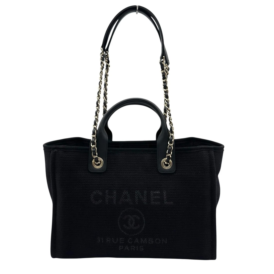 CHANEL DEAUVILLE SMALL TOTE BAG: CHANEL Deauville small Tote Bag Brand: CHANEL Type/Style: Tote Bag Material: cotton fiber Color: Black SilverHardware Size: W12.8 x H9.1x D6.5inch Shoulder:29.5inch Accessories: None Accessories