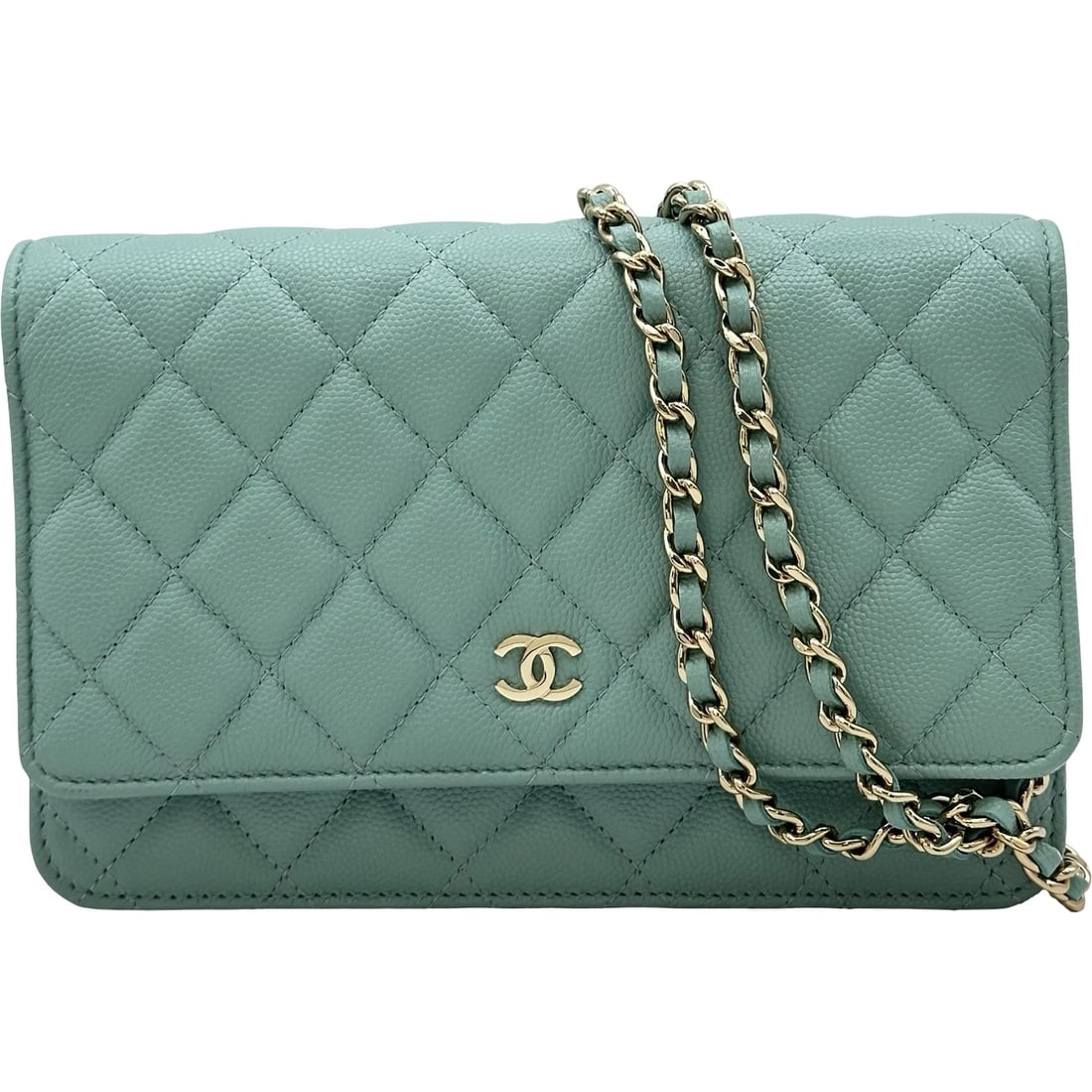 CHANEL MATRASSE CHAIN WALLET SHOULDER BAG: CHANEL Matrasse Chain Wallet Shoulder Bag Brand: CHANEL Type/Style: Shoulder Bag Material: Caviar skin Color: Light Blue Gold Hardware Size: W7.5 x H4.9x D1.2inch Shoulder:52.0inch Accessories: No