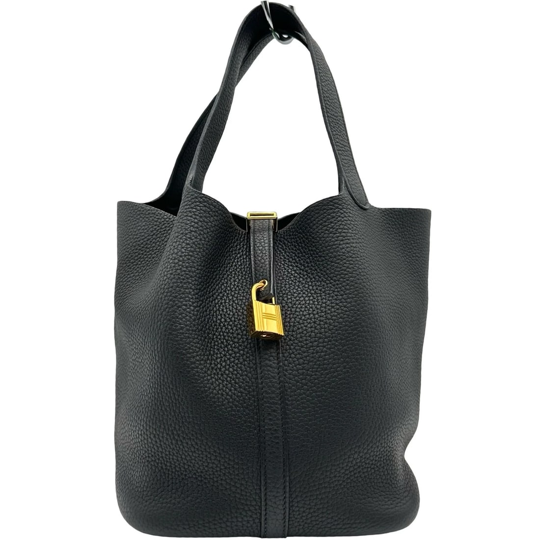 HERMES PICO TAN LOCK HANDBAG: HERMES Pico Tan Lock Handbag Brand: HERMES Type/Style: Handbag Material: Taurillon Clemence Color: Black Gold Hardware Size: W8.7 x H8.5x D6.9inch Accessories: None Accessories Notice: When