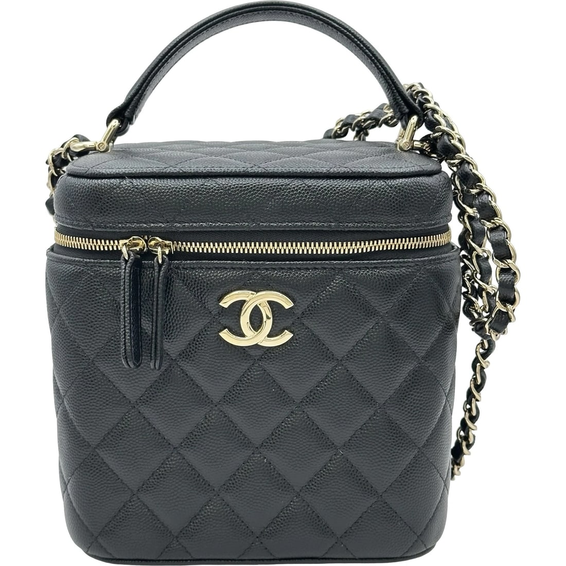 CHANEL MATELASSE VANITY CHAIN SHOULDER BAG: CHANEL Matelasse Vanity Chain Shoulder Bag Brand: CHANEL Type/Style: Shoulder Bag Material: Caviar skin Color: Black Gold Hardware Size: W5.9 x H6.1x D4.5inch Shoulder:39.8inch Accessories: None