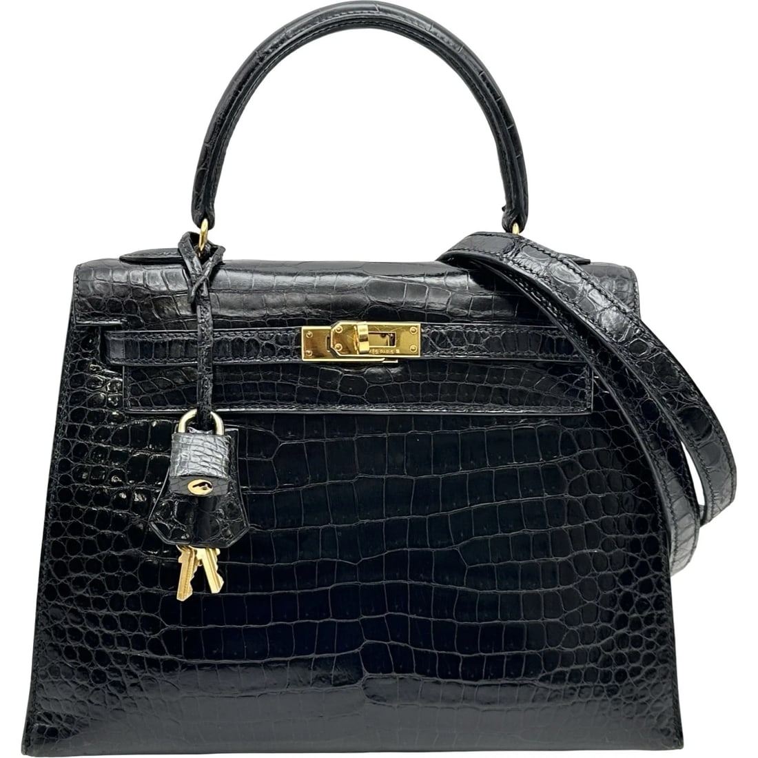 HERMES KELLY SHOULDER BAG: HERMES Kelly Shoulder Bag Brand: HERMES Type/Style: Shoulder Bag Material: Polosus Color: Black Gold Hardware Size: W9.8 x H7.1x D3.3inch Shoulder:35.8inch Accessories: None Accessories Notice: When