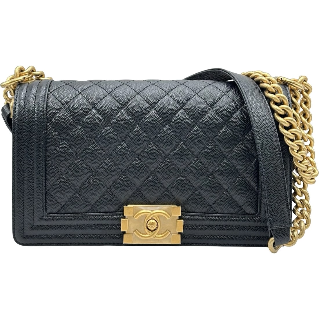 CHANEL BOY CHANEL SHOULDER BAG: CHANEL Boy Chanel Shoulder Bag Brand: CHANEL Type/Style: Shoulder Bag Material: Caviar skin Color: Black Gold Hardware Size: W9.8 x H5.9x D2.8inch Shoulder:24.6inch Accessories: None Accessories