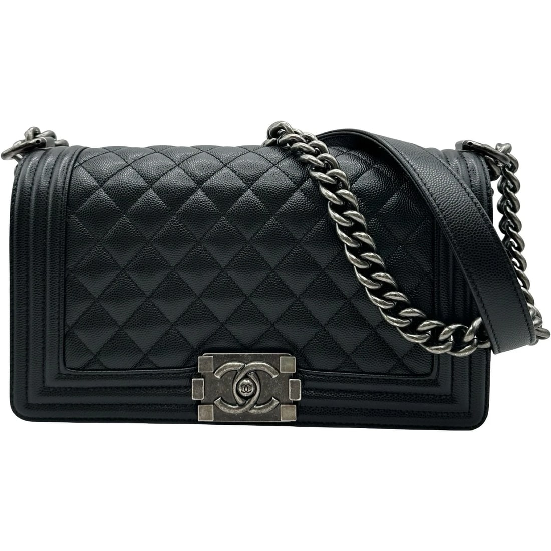 CHANEL BOY CHANEL SHOULDER BAG: CHANEL Boy Chanel Shoulder Bag Brand: CHANEL Type/Style: Shoulder Bag Material: Caviar skin Color: Black SilverHardware Size: W9.8 x H5.7x D2.6inch Shoulder:24.4inch Accessories: None Accessories