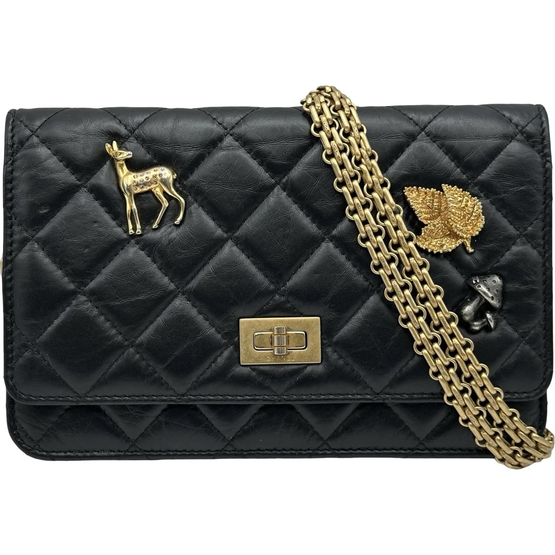 CHANEL CHAIN WALLET SHOULDER BAG: CHANEL Chain Wallet Shoulder Bag Brand: CHANEL Type/Style: Shoulder Bag Material: Aged Calfskin Color: Black Gold Hardware Size: W7.5 x H4.9x D0.8inch Shoulder:48.0inch Accessories: None A