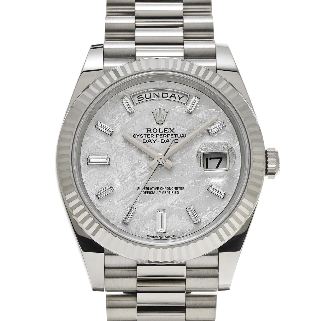 ROLEX DAY-DATE 40 METEOLITE/DIAMOND WATCH: ROLEX Day-Date 40 Meteolite/diamond Watch Brand: ROLEX Type/Style: Wristwatch Material: Band Material White gold, Case Material White gold Color: Dial Color Meteolite Size: Case Size H/about 40mm