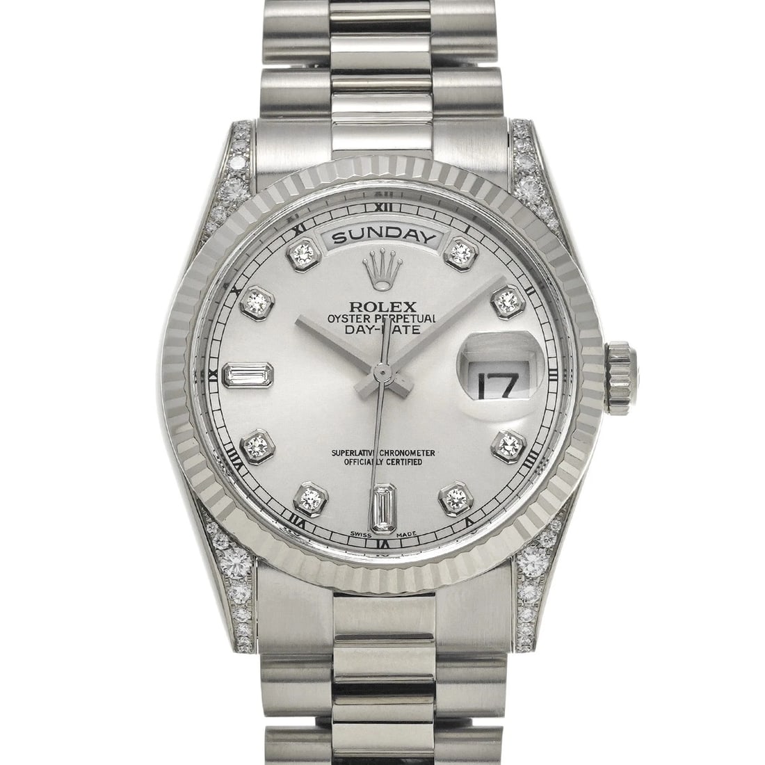 ROLEX DAY-DATE SILVER/DIAMOND WATCH: ROLEX Day-Date Silver/diamond Watch Brand: ROLEX Type/Style: Wristwatch Material: Band Material White gold, Case Material White gold Color: Dial Color Silver Size: Case Size H/about 36mm W/about 36mm
