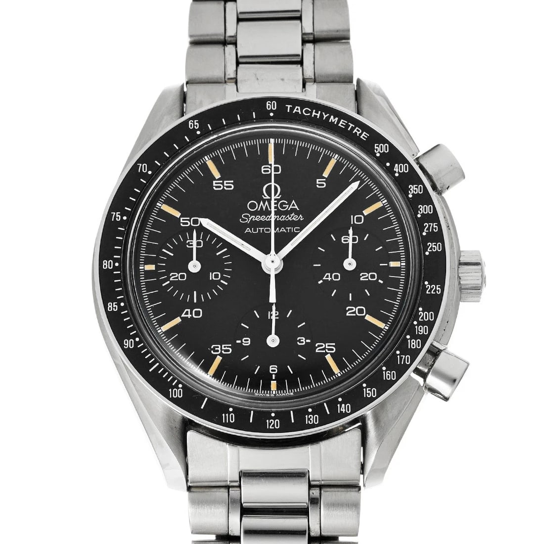 OMEGA SPEEDMASTER AUTOMATIC BLACK WATCH: OMEGA Speedmaster Automatic black Watch Brand: OMEGA Type/Style: Wristwatch Material: Band Material Stainless steel, Case Material Stainless steel Color: Dial Color black Size: Case Size H/about 39mm