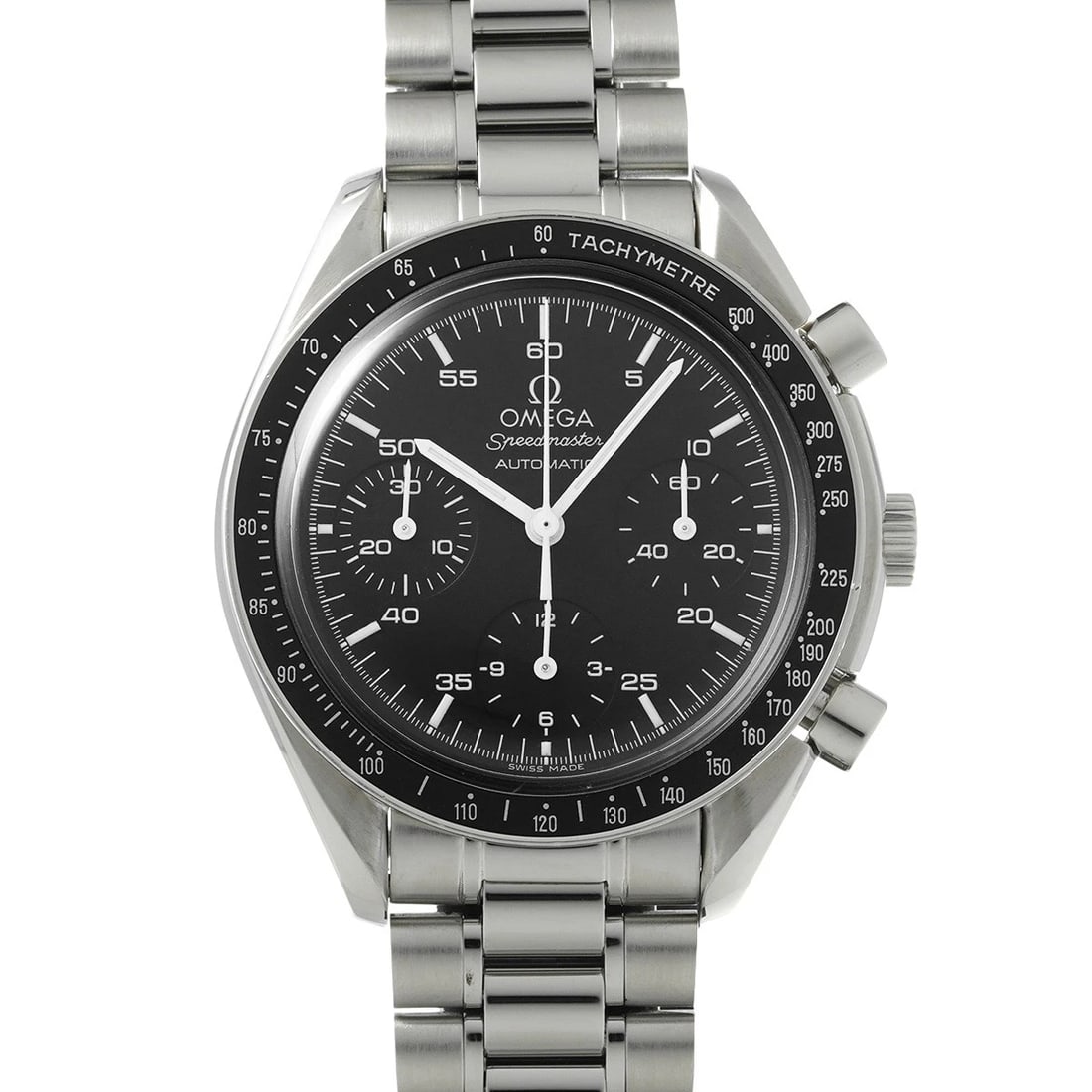 OMEGA SPEEDMASTER AUTOMATIC BLACK WATCH: OMEGA Speedmaster Automatic black Watch Brand: OMEGA Type/Style: Wristwatch Material: Band Material Stainless steel, Case Material Stainless steel Color: Dial Color black Size: Case Size H/about 39mm
