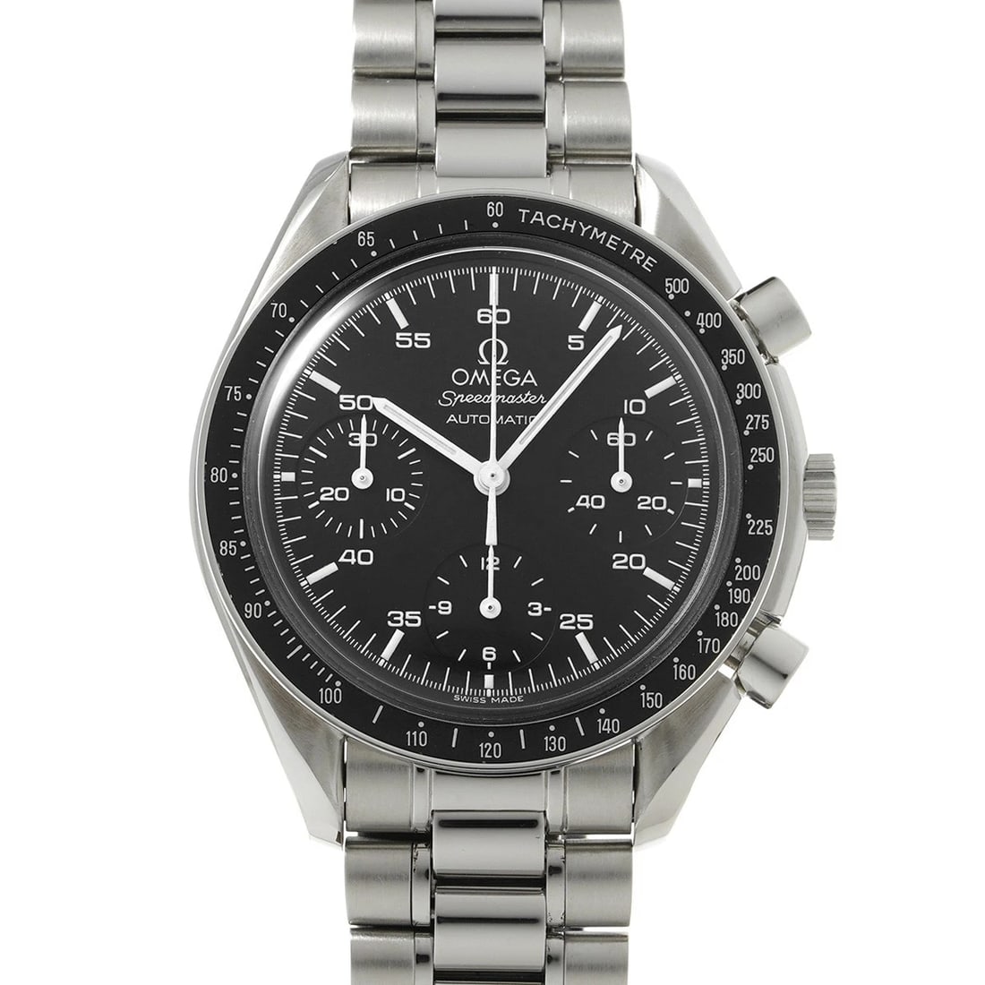 OMEGA SPEEDMASTER AUTOMATIC BLACK WATCH: OMEGA Speedmaster Automatic black Watch Brand: OMEGA Type/Style: Wristwatch Material: Band Material Stainless steel, Case Material Stainless steel Color: Dial Color black Size: Case Size H/about 39mm
