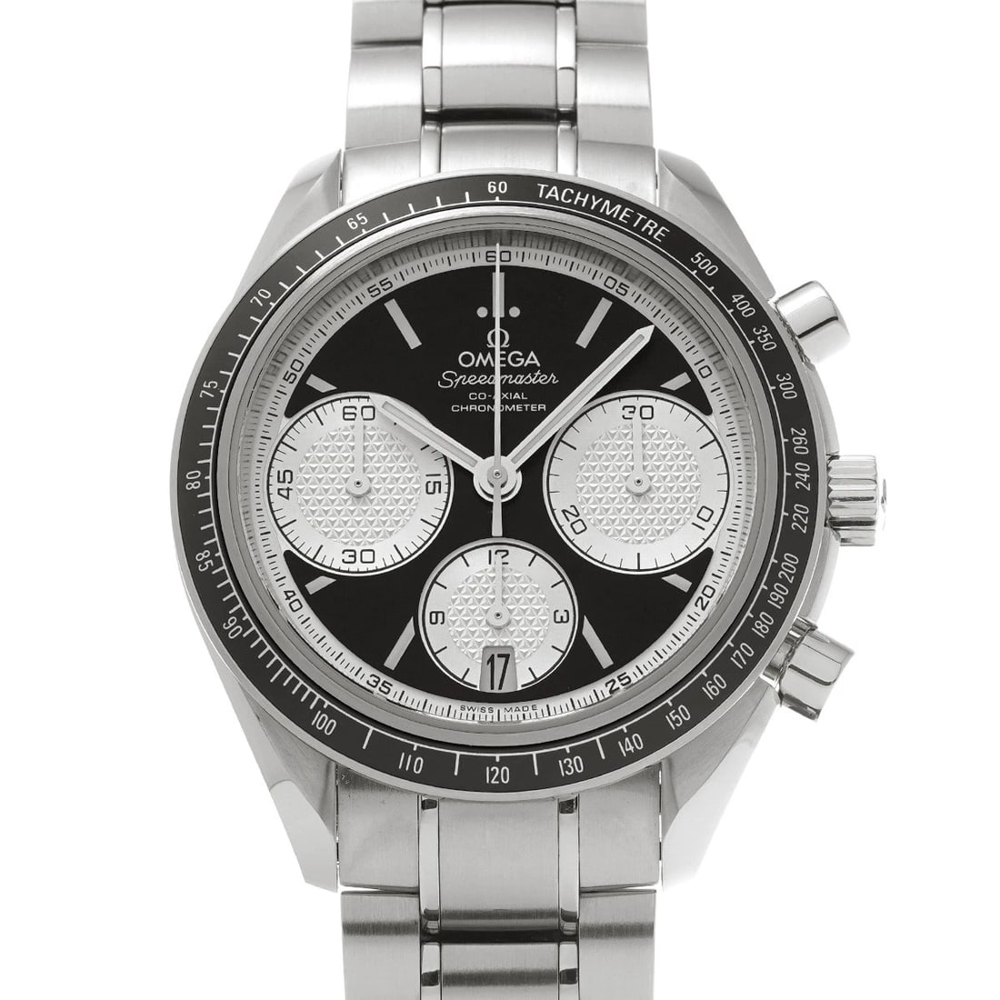 OMEGA SPEEDMASTER RACING CO-AXIAL BLACK/SILVER WATCH: OMEGA Speedmaster Racing Co-axial black/Silver Watch Brand: OMEGA Type/Style: Wristwatch Material: Band Material Stainless steel, Case Material Stainless steel Color: Dial Color black Size: Case Size