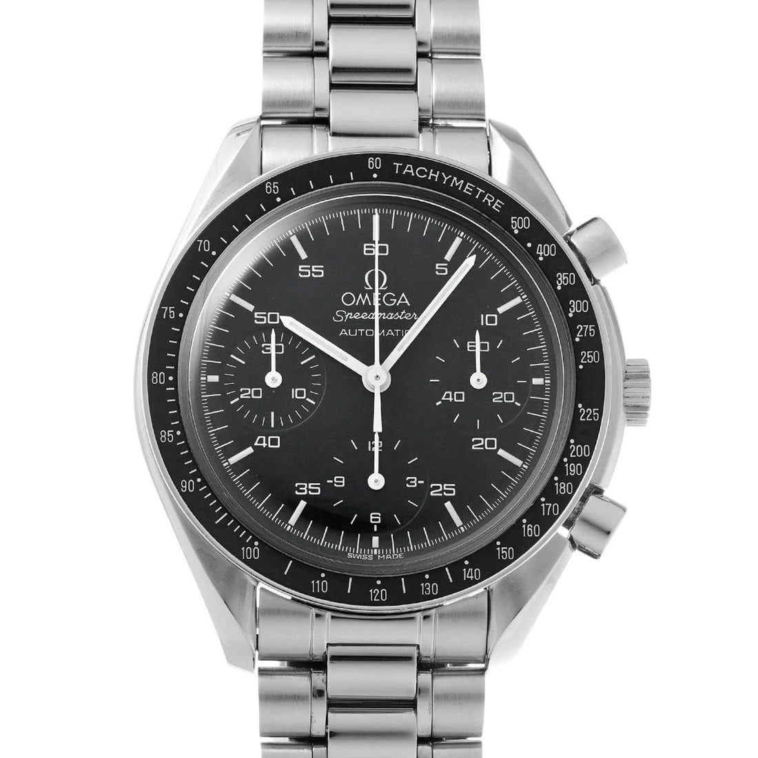 OMEGA SPEEDMASTER AUTOMATIC BLACK WATCH: OMEGA Speedmaster Automatic black Watch Brand: OMEGA Type/Style: Wristwatch Material: Band Material Stainless steel, Case Material Stainless steel Color: Dial Color black Size: Case Size H/about 39mm