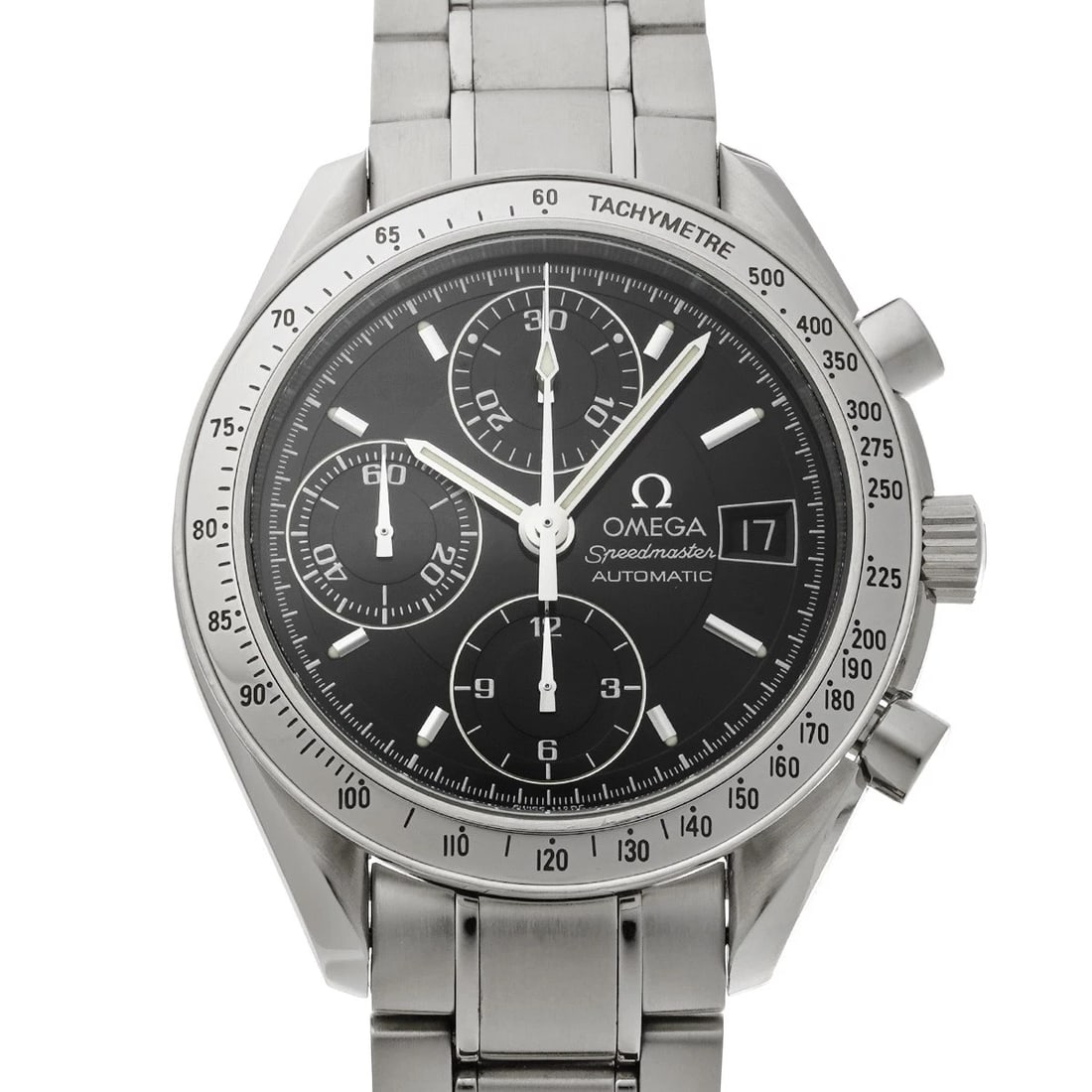 OMEGA SPEEDMASTER DATE BLACK WATCH: OMEGA Speedmaster Date black Watch Brand: OMEGA Type/Style: Wristwatch Material: Band Material Stainless steel, Case Material Stainless steel Color: Dial Color black Size: Case Size H/about 39mm