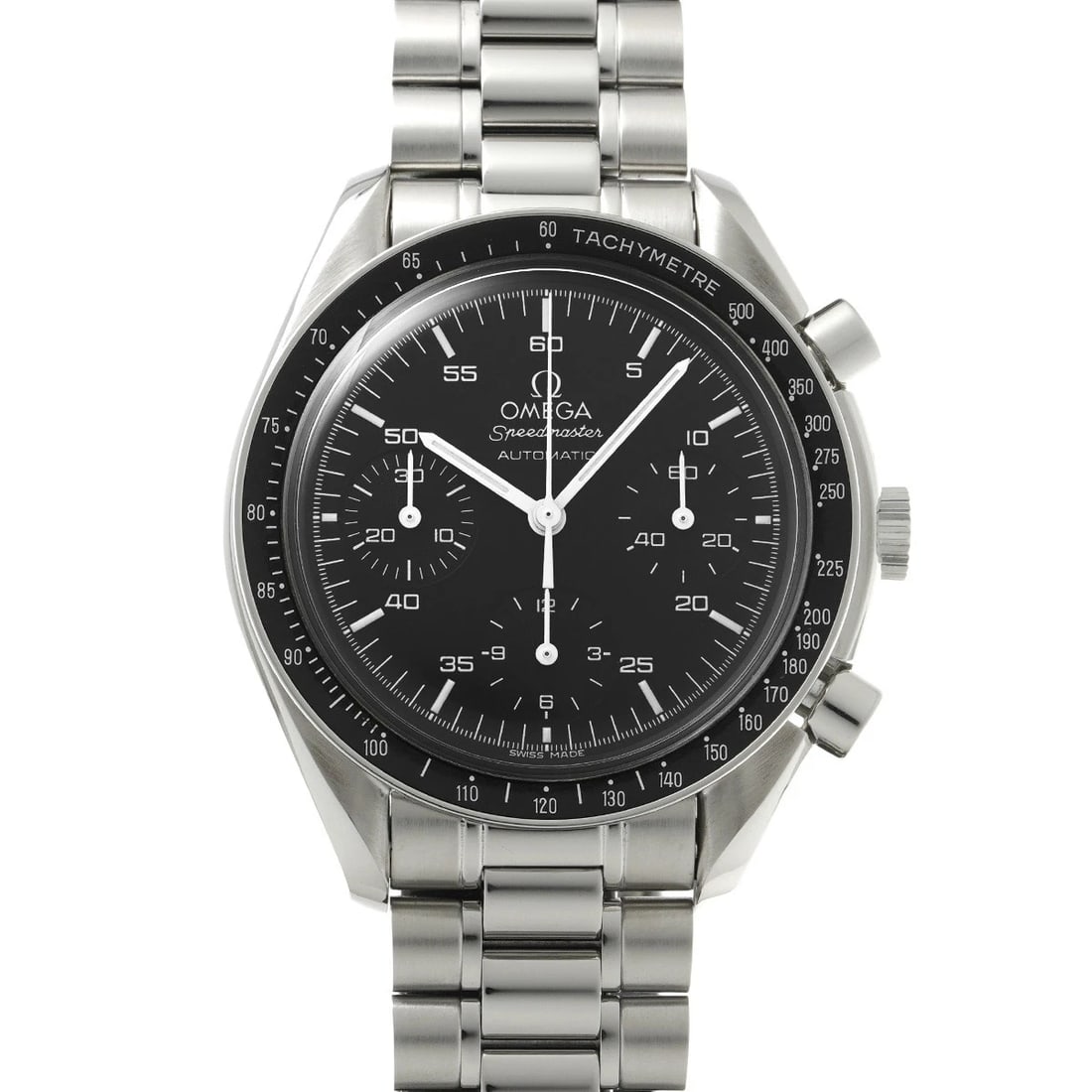 OMEGA SPEEDMASTER AUTOMATIC BLACK WATCH: OMEGA Speedmaster Automatic black Watch Brand: OMEGA Type/Style: Wristwatch Material: Band Material Stainless steel, Case Material Stainless steel Color: Dial Color black Size: Case Size H/about 39mm