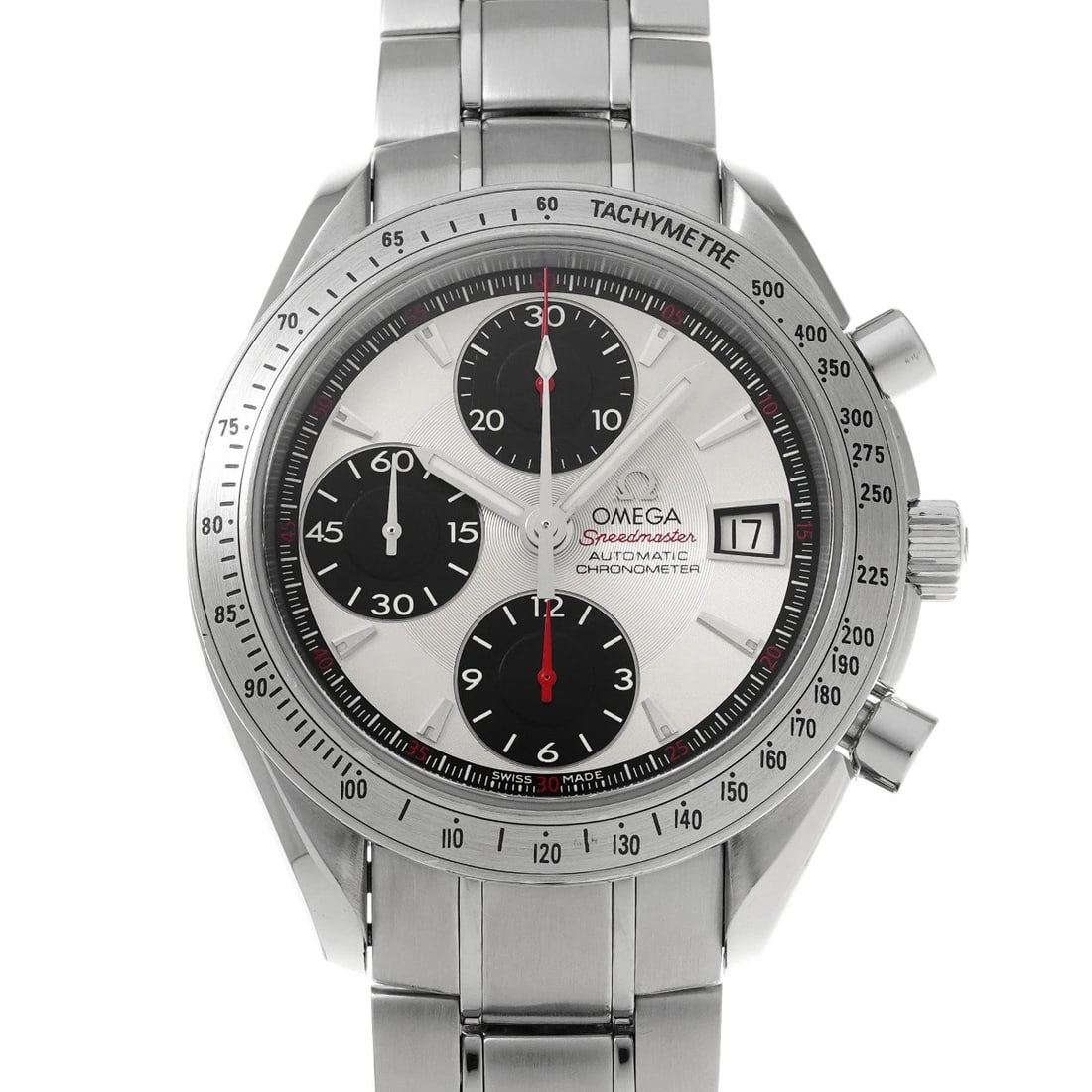 OMEGA SPEEDMASTER DATE WHITE/BLACK WATCH: OMEGA Speedmaster Date white/black Watch Brand: OMEGA Type/Style: Wristwatch Material: Band Material Stainless Steel, Case Material Stainless Steel Color: Dial Color Dial Color Silver Case Size 40 mm
