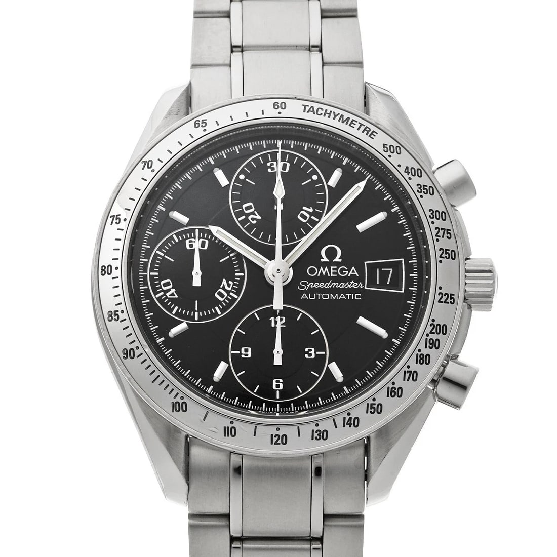 OMEGA SPEEDMASTER DATE BLACK WATCH: OMEGA Speedmaster Date black Watch Brand: OMEGA Type/Style: Wristwatch Material: Band Material Stainless steel, Case Material Stainless steel Color: Dial Color black Size: Case Size H/about 39mm