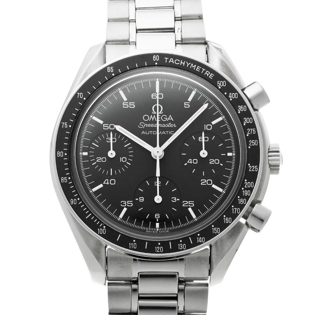 OMEGA SPEEDMASTER AUTOMATIC BLACK WATCH: OMEGA Speedmaster Automatic black Watch Brand: OMEGA Type/Style: Wristwatch Material: Band Material Stainless steel, Case Material Stainless steel Color: Dial Color black Size: Case Size H/about 39mm