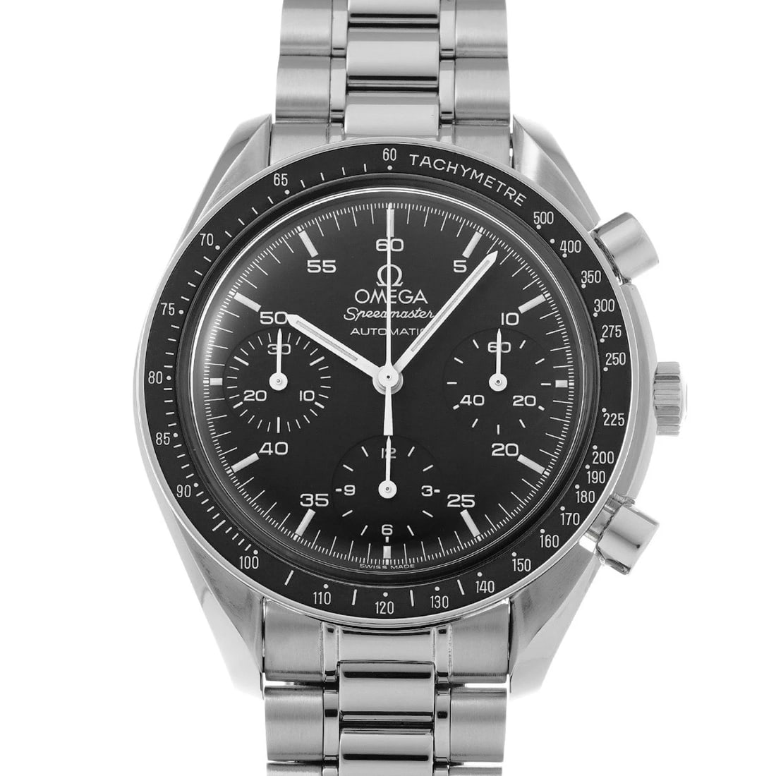 OMEGA SPEEDMASTER AUTOMATIC BLACK WATCH: OMEGA Speedmaster Automatic black Watch Brand: OMEGA Type/Style: Wristwatch Material: Band Material Stainless steel, Case Material Stainless steel Color: Dial Color black Size: Case Size H/about