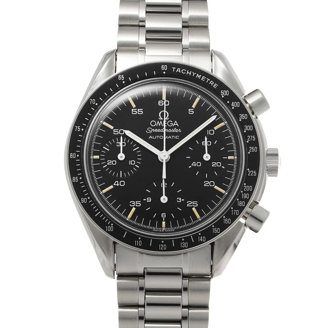 OMEGA SPEEDMASTER AUTOMATIC BLACK WATCH: OMEGA Speedmaster Automatic black Watch Brand: OMEGA Type/Style: Wristwatch Material: Band Material Stainless steel, Case Material Stainless steel Color: Dial Color black Size: Case Size H/about 39mm