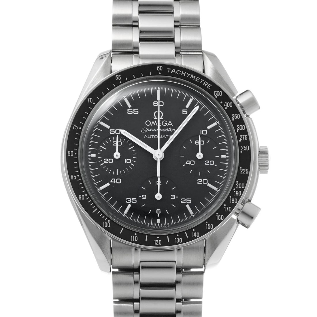 OMEGA SPEEDMASTER AUTOMATIC BLACK WATCH: OMEGA Speedmaster Automatic black Watch Brand: OMEGA Type/Style: Wristwatch Material: Band Material Stainless steel, Case Material Stainless steel Color: Dial Color black Size: Case Size H/about 39mm