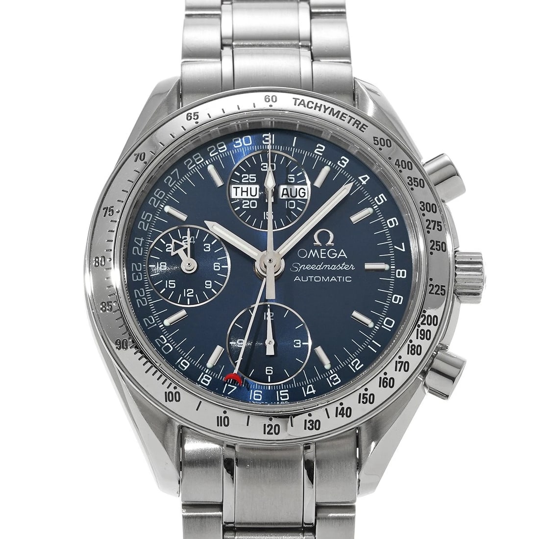 OMEGA SPEEDMASTER TRIPLE CALENDAR BLUE WATCH: OMEGA Speedmaster Triple Calendar blue Watch Brand: OMEGA Type/Style: Wristwatch Material: Band Material Stainless steel, Case Material Stainless steel Color: Dial Color blue Size: Case Size H/about