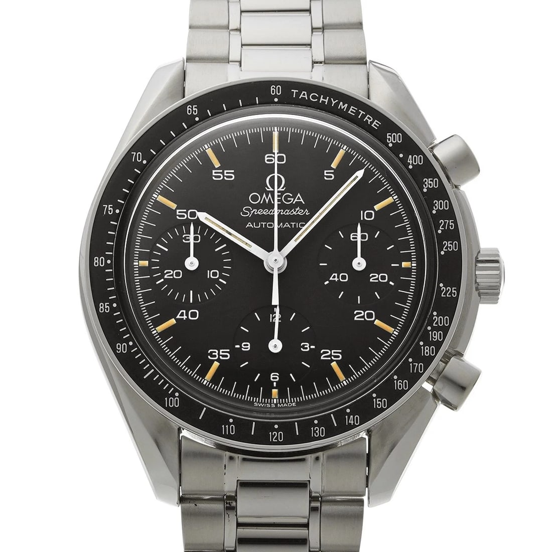 OMEGA SPEEDMASTER AUTOMATIC BLACK WATCH: OMEGA Speedmaster Automatic black Watch Brand: OMEGA Type/Style: Wristwatch Material: Band Material Stainless steel, Case Material Stainless steel Color: Dial Color black Size: Case Size H/about 39mm