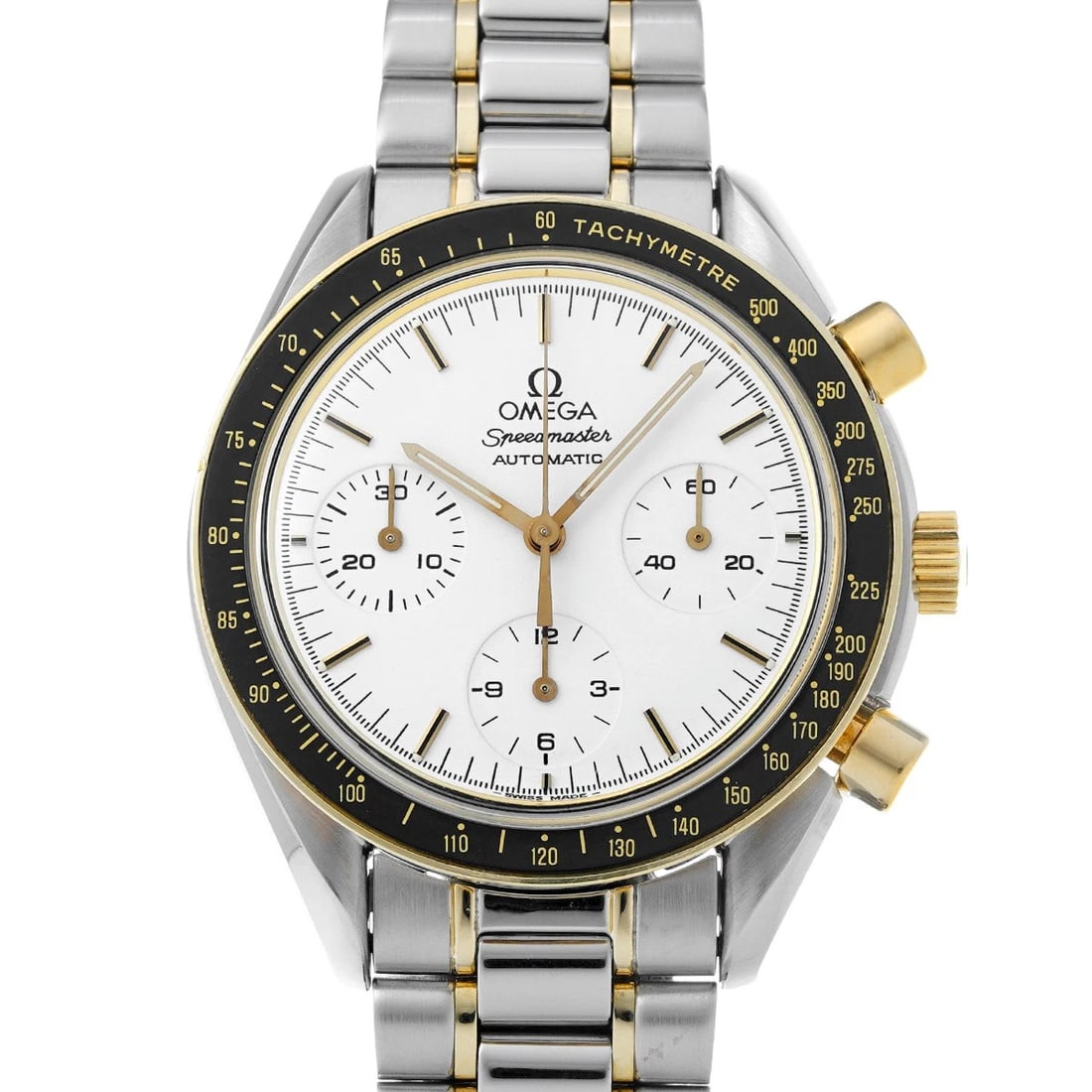 OMEGA SPEEDMASTER WHITE WATCH: OMEGA Speedmaster white Watch Brand: OMEGA Type/Style: Wristwatch Material: Band Material Leather, Case Material Stainless Steel Color: Dial Color Dial Color White Case Color Silver Band Color Black