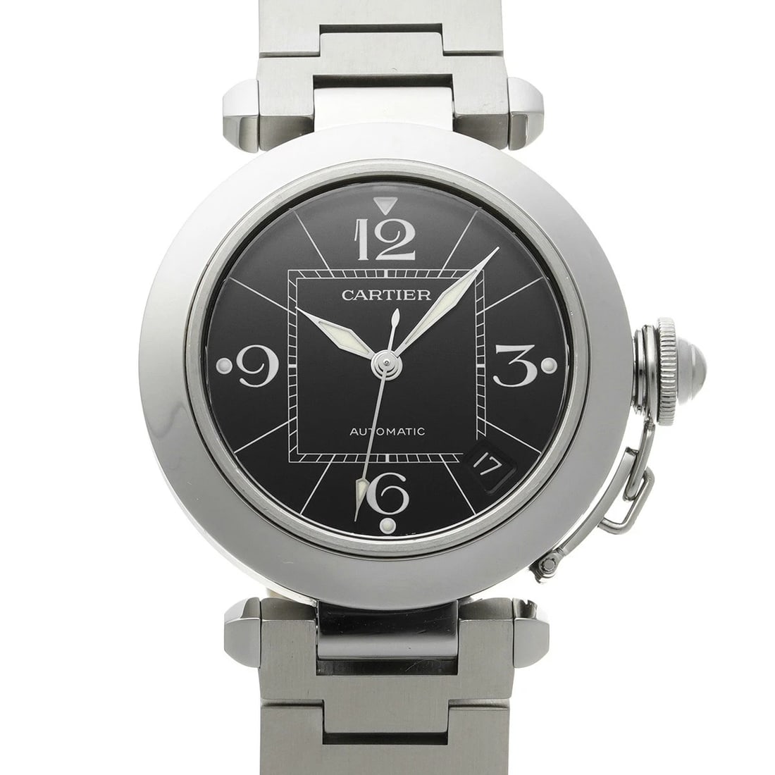 CARTIER PASHA BLACK WATCH: CARTIER Pasha black Watch Brand: Cartier Type/Style: Wristwatch Material: Band Material Stainless Steel, Case Material Stainless Steel Color: Dial Color Dial Color Black Case Color Silver Band Color