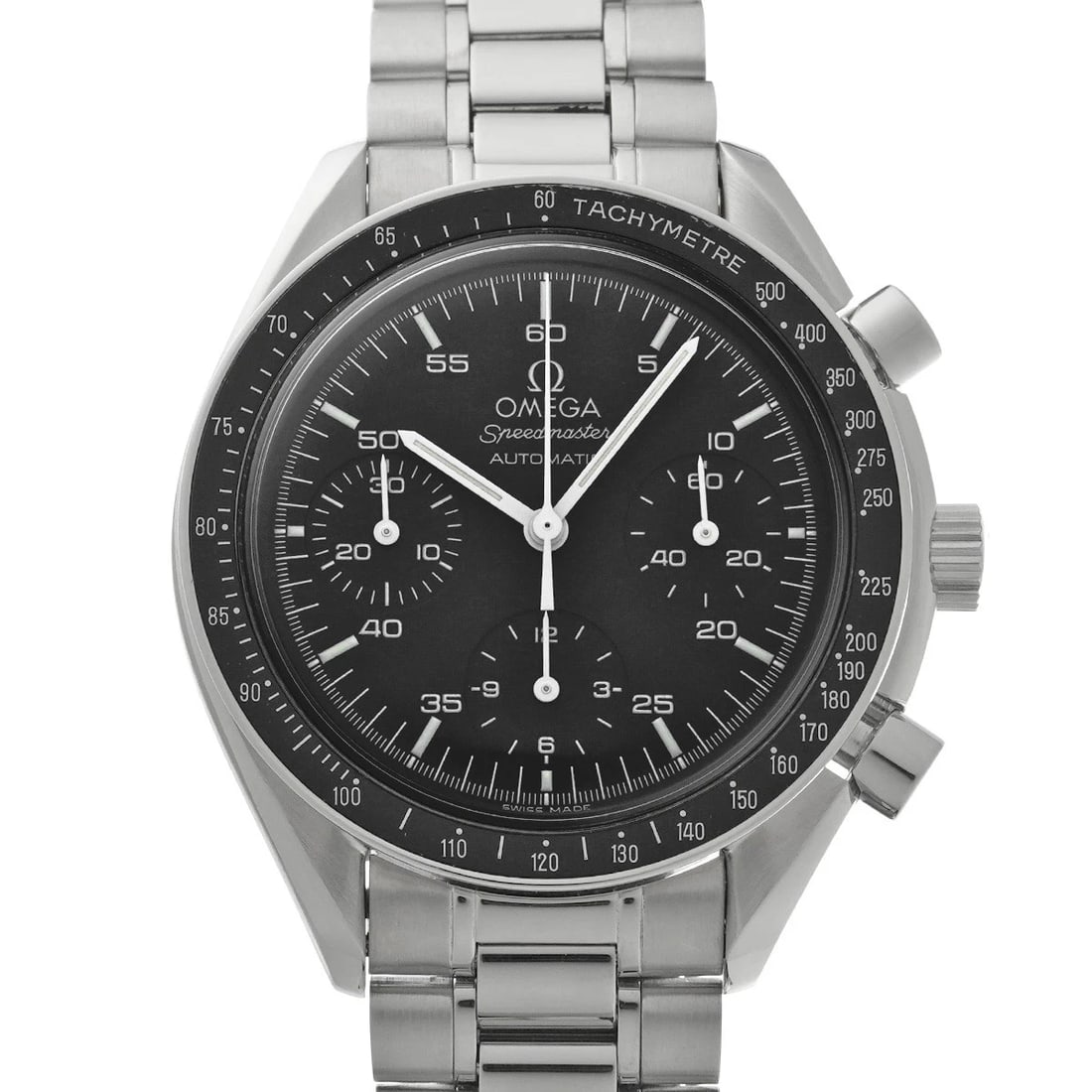 OMEGA SPEEDMASTER AUTOMATIC BLACK WATCH: OMEGA Speedmaster Automatic black Watch Brand: OMEGA Type/Style: Wristwatch Material: Band Material Stainless steel, Case Material Stainless steel Color: Dial Color black Size: Case Size H/about 39mm