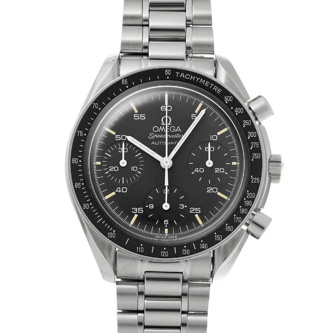 OMEGA SPEEDMASTER AUTOMATIC BLACK WATCH: OMEGA Speedmaster Automatic black Watch Brand: OMEGA Type/Style: Wristwatch Material: Band Material Stainless steel, Case Material Stainless steel Color: Dial Color black Size: Case Size H/about 39mm