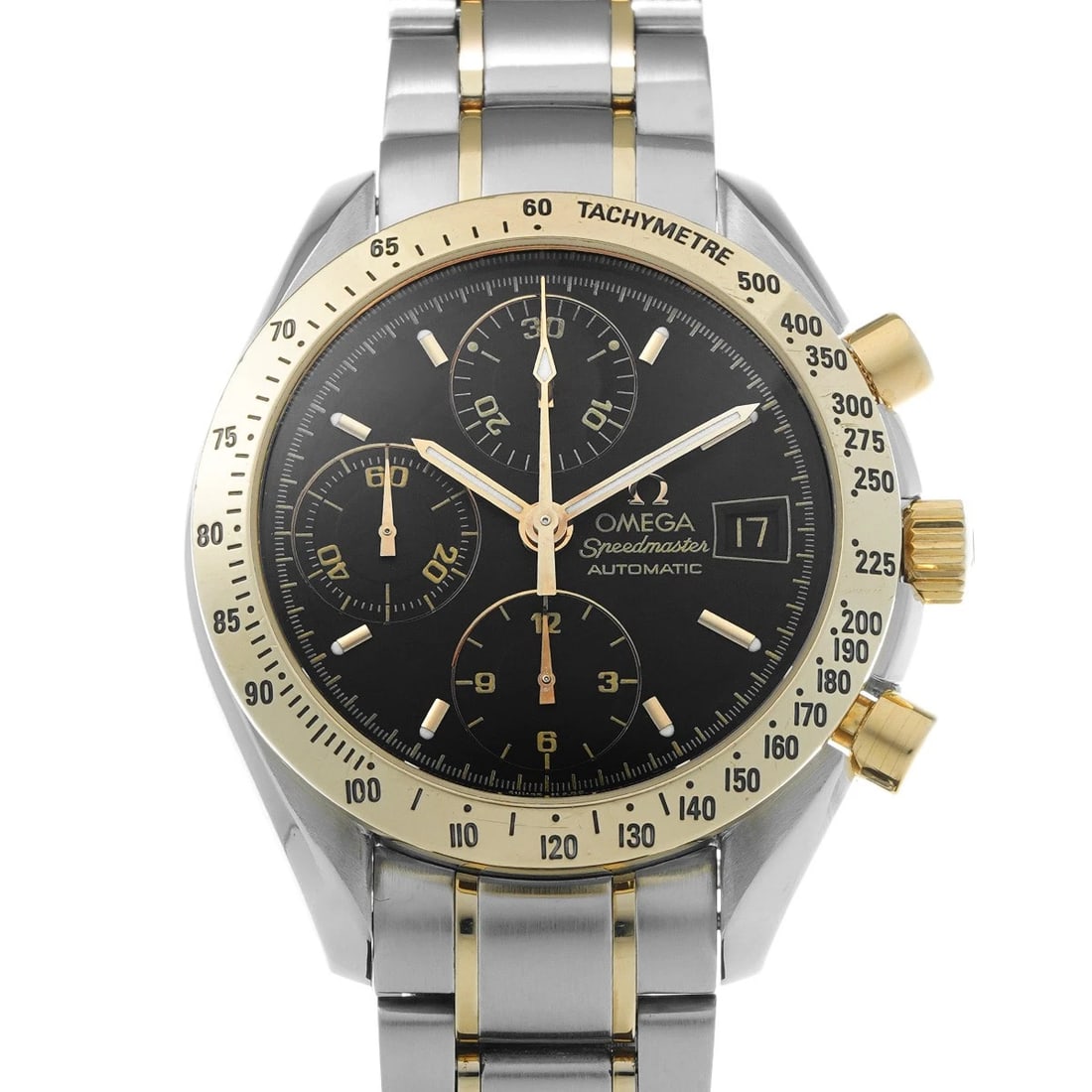 OMEGA SPEEDMASTER DATE BLACK WATCH: OMEGA Speedmaster Date black Watch Brand: OMEGA Type/Style: Wristwatch Material: Band Material Stainless steel/Yellow Gold, Case Material Stainless steel Color: Dial Color black Size: Case Size