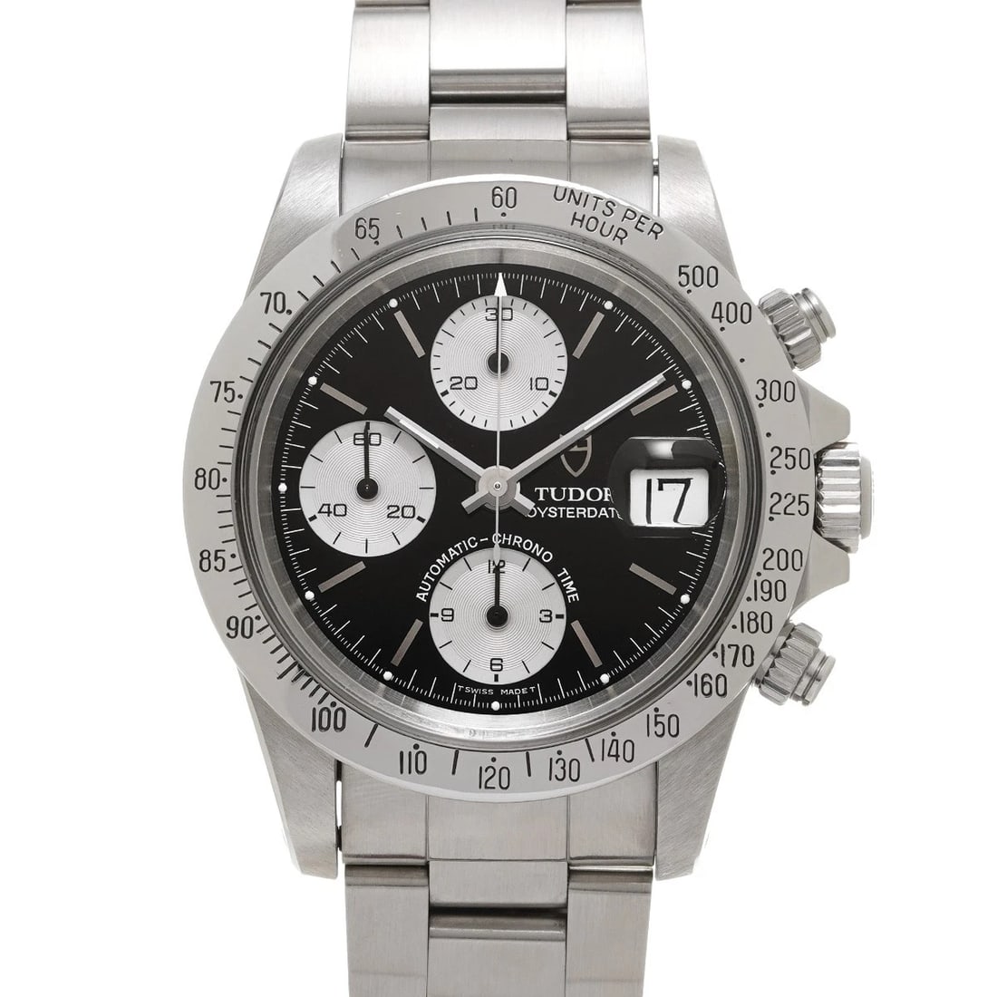 TUDOR PRICE DATE CHRONOTIME BIG BLOCK BLACK/SILVER WATCH: TUDOR Price Date Chronotime Big Block black/Silver Watch Brand: TUDOR Type/Style: Wristwatch Material: Band Material Stainless steel, Case Material Stainless steel Color: Dial Color black Size: Case