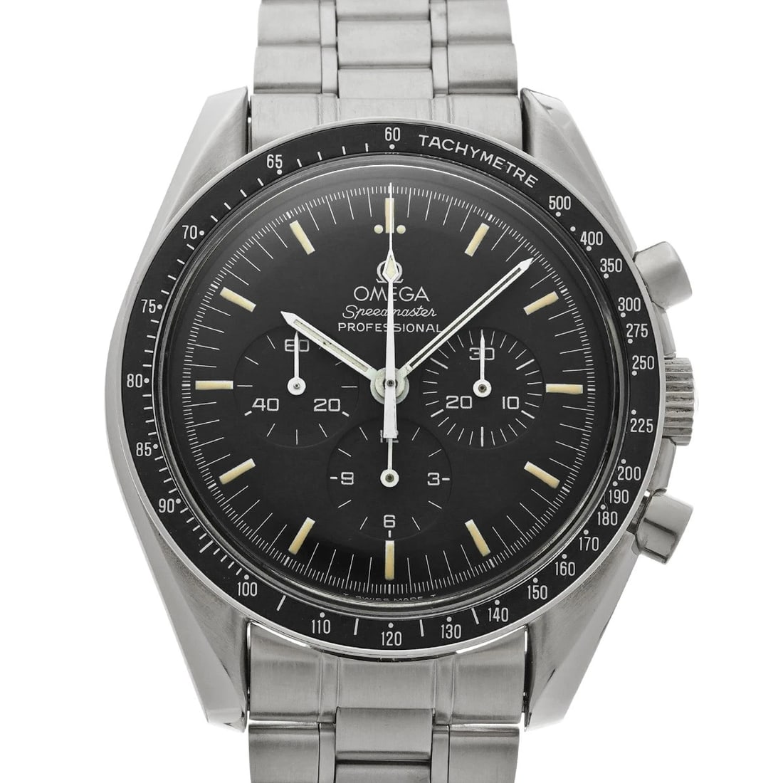 OMEGA SPEEDMASTER MOONWATCH PROFESSIONAL BLACK WATCH: OMEGA Speedmaster Moonwatch Professional black Watch Brand: OMEGA Type/Style: Wristwatch Material: Band Material Stainless steel, Case Material Stainless steel Color: Dial Color black Size: Case Size