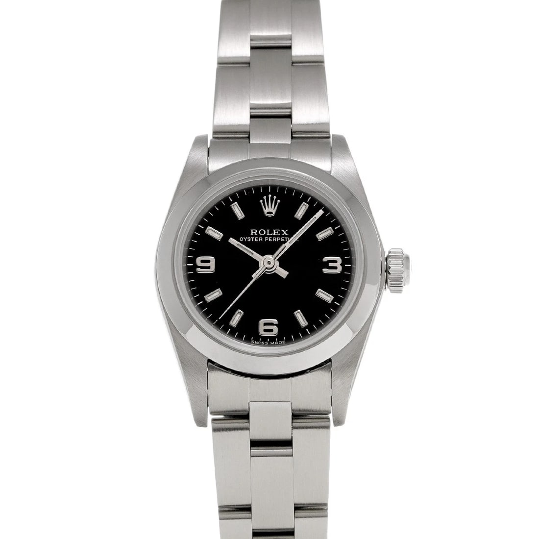 ROLEX OYSTER PERPETUAL BLACK WATCH: ROLEX Oyster Perpetual black Watch Brand: ROLEX Type/Style: Wristwatch Material: Band Material Stainless steel, Case Material Stainless steel Color: Dial Color black Size: Case Size H/about 24mm