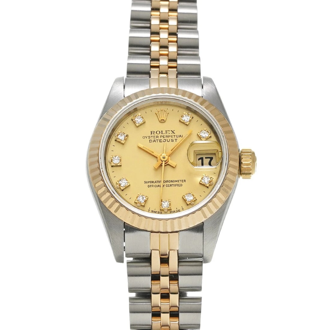 ROLEX DATEJUST 26 CHAMPAGNE/DIAMOND WATCH: ROLEX Datejust 26 Champagne/diamond Watch Brand: ROLEX Type/Style: Wristwatch Material: Band Material Stainless steel/Yellow Gold, Case Material Stainless steel Color: Dial Color Champagne Size: Case 