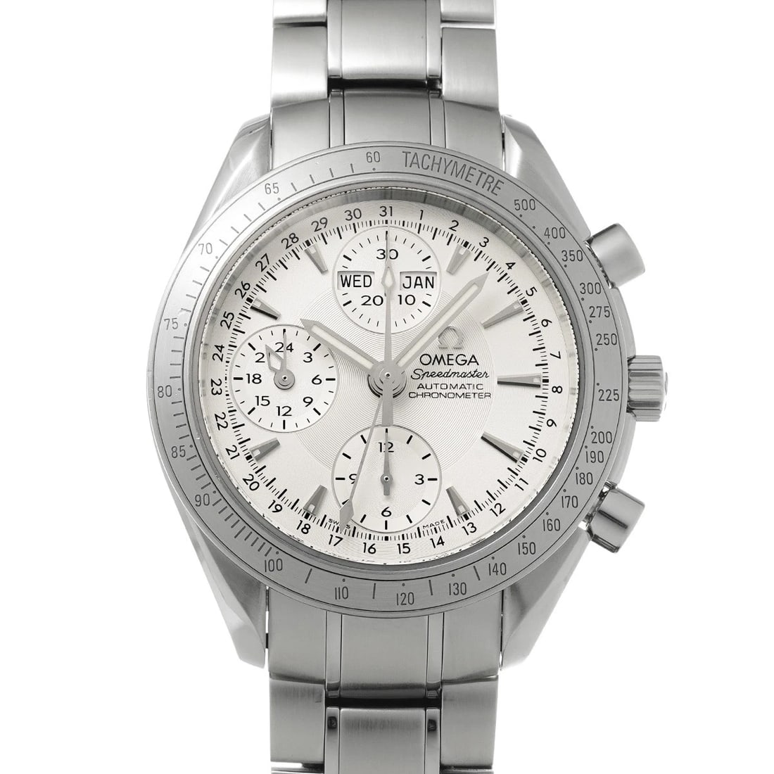 OMEGA SPEEDMASTER TRIPLE CALENDAR SILVER WATCH: OMEGA Speedmaster Triple Calendar Silver Watch Brand: OMEGA Type/Style: Wristwatch Material: Band Material Stainless steel, Case Material Stainless steel Color: Dial Color Silver Size: Case Size H/abo