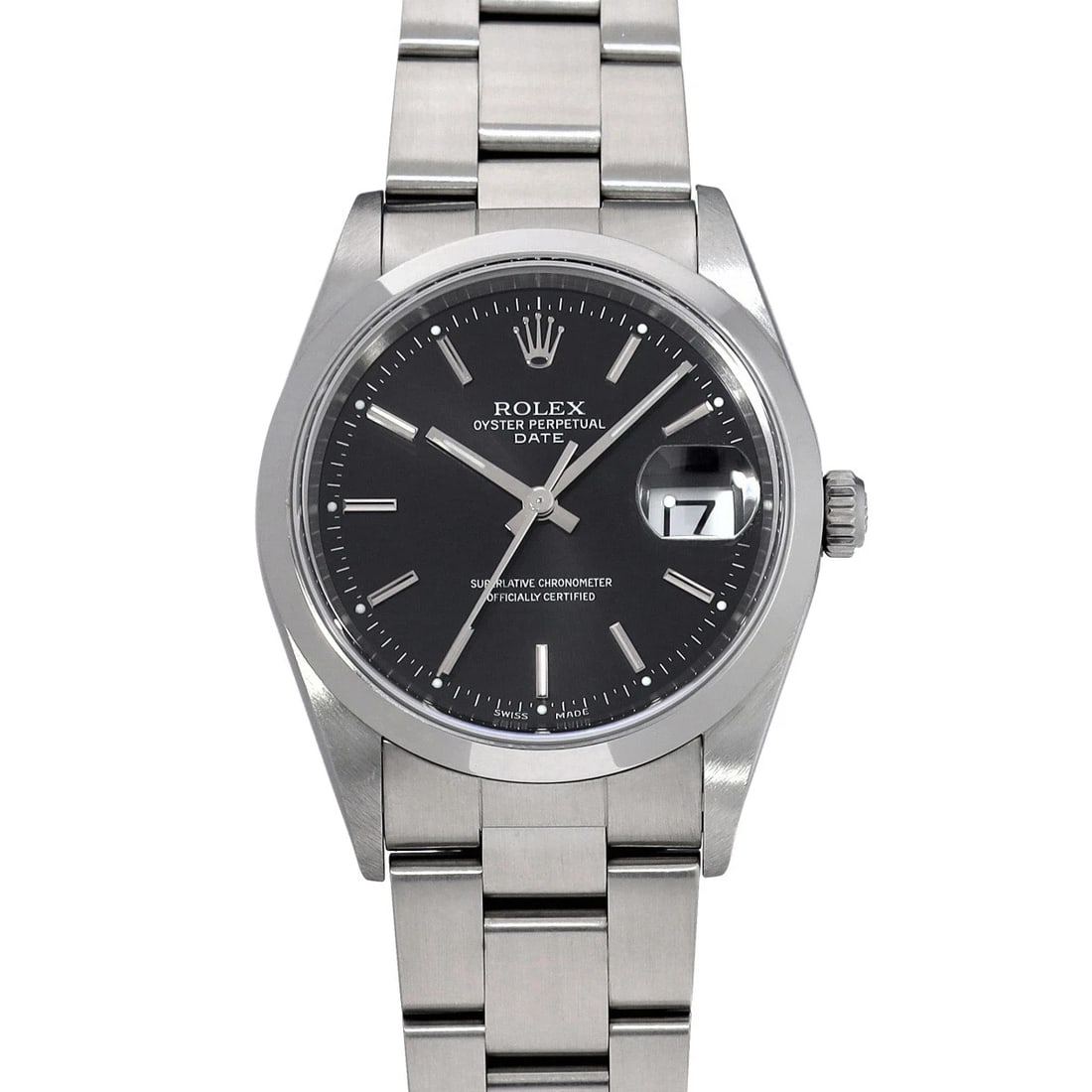ROLEX OYSTER PERPETUAL DATE BLACK WATCH: ROLEX Oyster Perpetual Date black Watch Brand: ROLEX Type/Style: Wristwatch Material: Band Material Stainless steel, Case Material Stainless steel Color: Dial Color black Size: Case Size H/about 34mm 