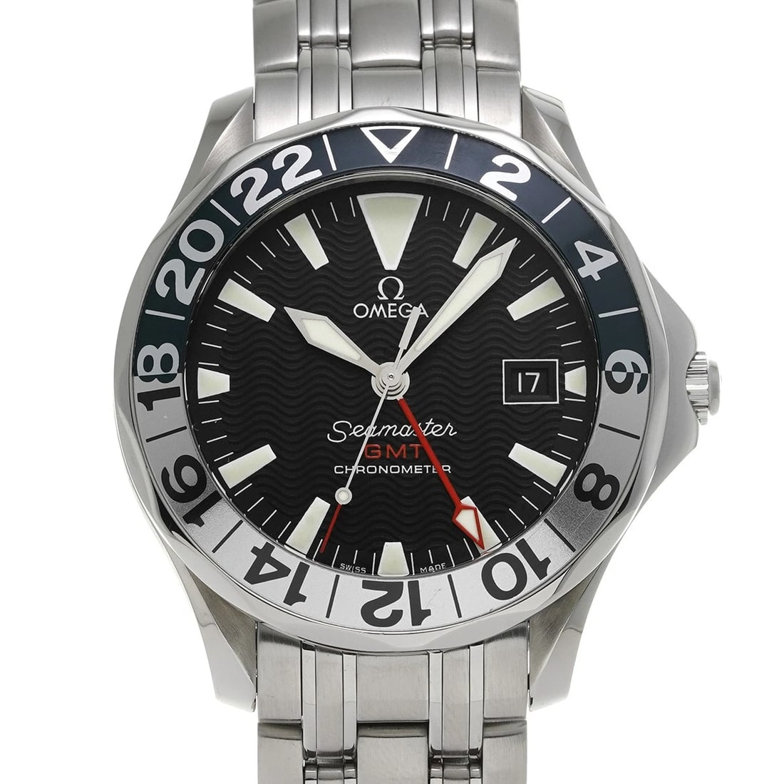 OMEGA SEAMASTER GMT BLACK WATCH: OMEGA Seamaster GMT black Watch Brand: OMEGA Type/Style: Wristwatch Material: Band Material Stainless Steel, Case Material Stainless Steel Color: Dial Color Dial Color Black Band Color Silver Case
