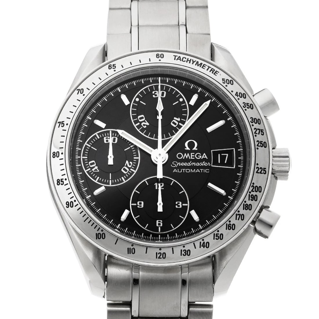 OMEGA SPEEDMASTER DATE BLACK WATCH: OMEGA Speedmaster Date black Watch Brand: OMEGA Type/Style: Wristwatch Material: Band Material Stainless steel, Case Material Stainless steel Color: Dial Color black Size: Case Size H/about 39mm