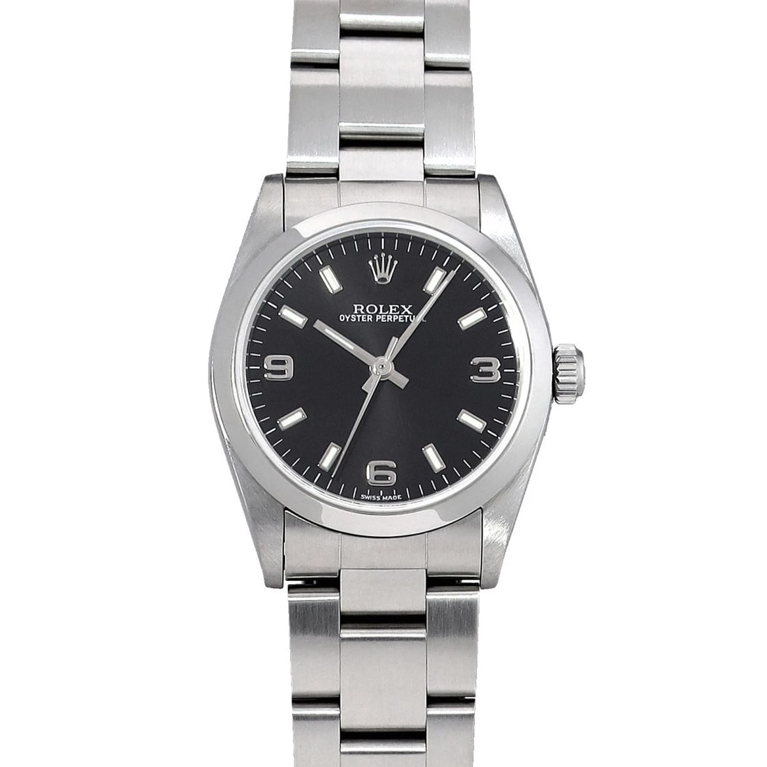 ROLEX OYSTER PERPETUAL BLACK WATCH: ROLEX Oyster Perpetual black Watch Brand: ROLEX Type/Style: Wristwatch Material: Band Material Stainless steel, Case Material Stainless steel Color: Dial Color black Size: Case Size H/about 31mm